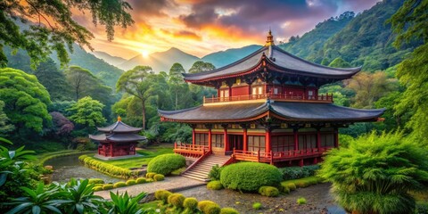Obraz premium Serene Buddhist Temple Surrounded by Lush Greenery and Tranquil Atmosphere for Peaceful Reflection