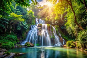 Obraz premium Serene Cascading Waterfall Surrounded by Lush Greenery in a Tranquil Natural Landscape Scene