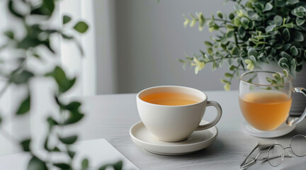 Obraz premium A light grey table with a potted plant with green leaves, a cup of tea and a pair of glasses. The composition is minimalistic and organized, creating a calm and productive workspace atmosphere.