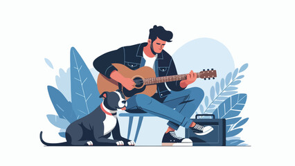 illustration of a man in a black jacket and jeans plays guitar while sitting and is accompanied by a Pitbull dog