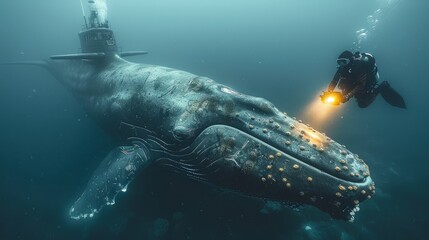 Naklejka premium Deep underwater, a diver encounters a submarine disguised as a whale, showcasing advanced camouflage techniques for military use in covert operations.