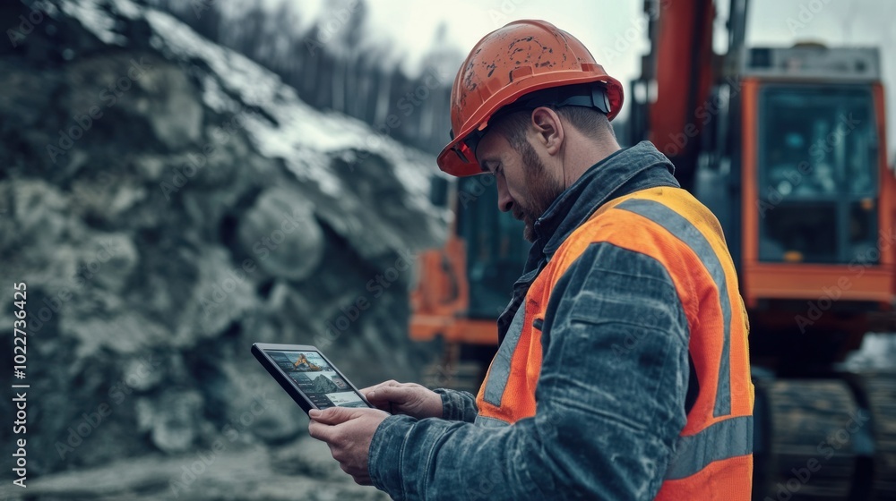 Aufkleber a drilling rig operator adjusting settings on a mobile tablet, ensuring optimal drilling performance