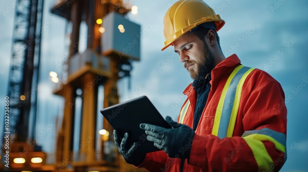 Poster a drilling rig operator using a tablet to monitor and control drilling operations in real-time, show