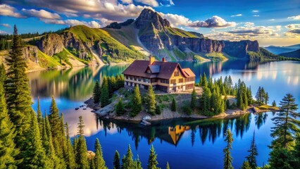 Fototapeta premium Serene Crater Lake Lodge Surrounded by Lush Green Forest and Majestic Mountain Peaks in Nature