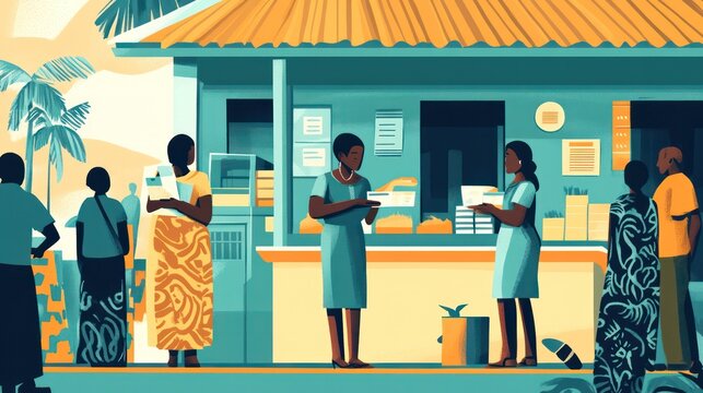 Illustration of microfinance banking practices, providing low-interest loans to entrepreneurs who lack access to traditional banking, illustrations