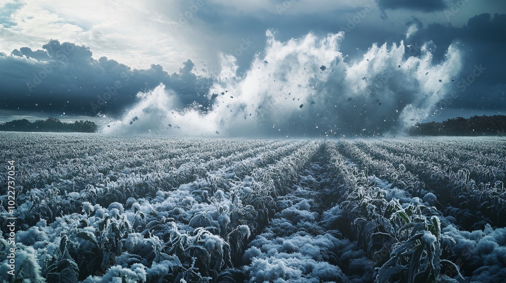 Poster a field of frost-covered plants under a stormy sky with a large cloud of snow and ice particles blow