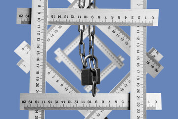 Collage with a wooden rules and padlock on chain	