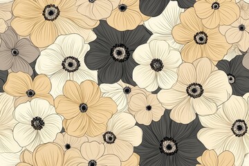 A beautiful seamless floral pattern featuring soft beige, cream, and black flowers, perfect for elegant designs and backgrounds