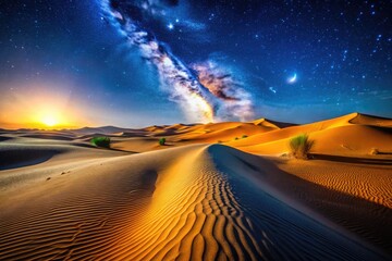 Naklejka premium Serene Desert Paths Leading Through Golden Sand Dunes Under Clear Blue Sky in a Remote Landscape