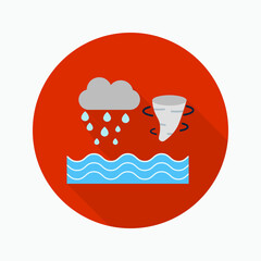 Hurricane flat icon isolated on circular colored background with long shadow. For sign, symbol, infographics, presentation or web graphics.