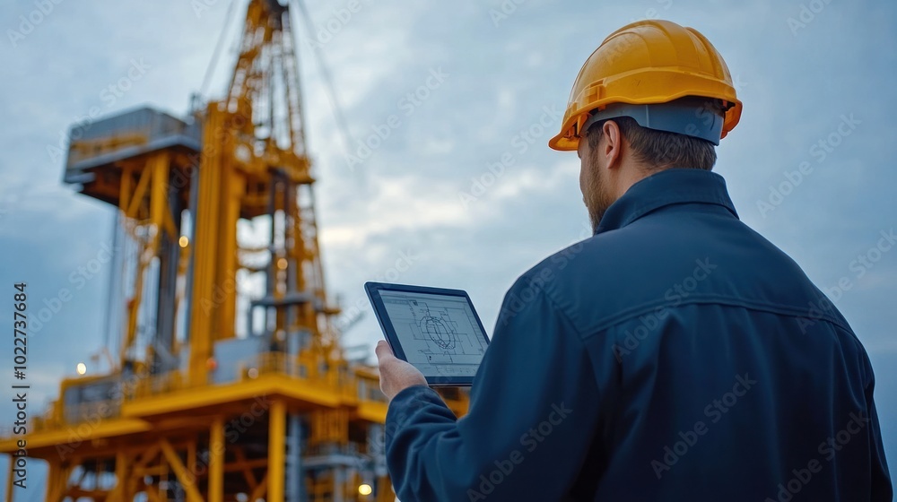 Poster a fully automated oil drilling rig controlled by a tablet, with the operator overseeing the drilling