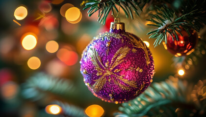 Glittering Christmas Decorations with Bokeh Lights. Blue Christmas Ornament with Silver Snowflakes. Golden Christmas Ornament with Glittering Sparkles