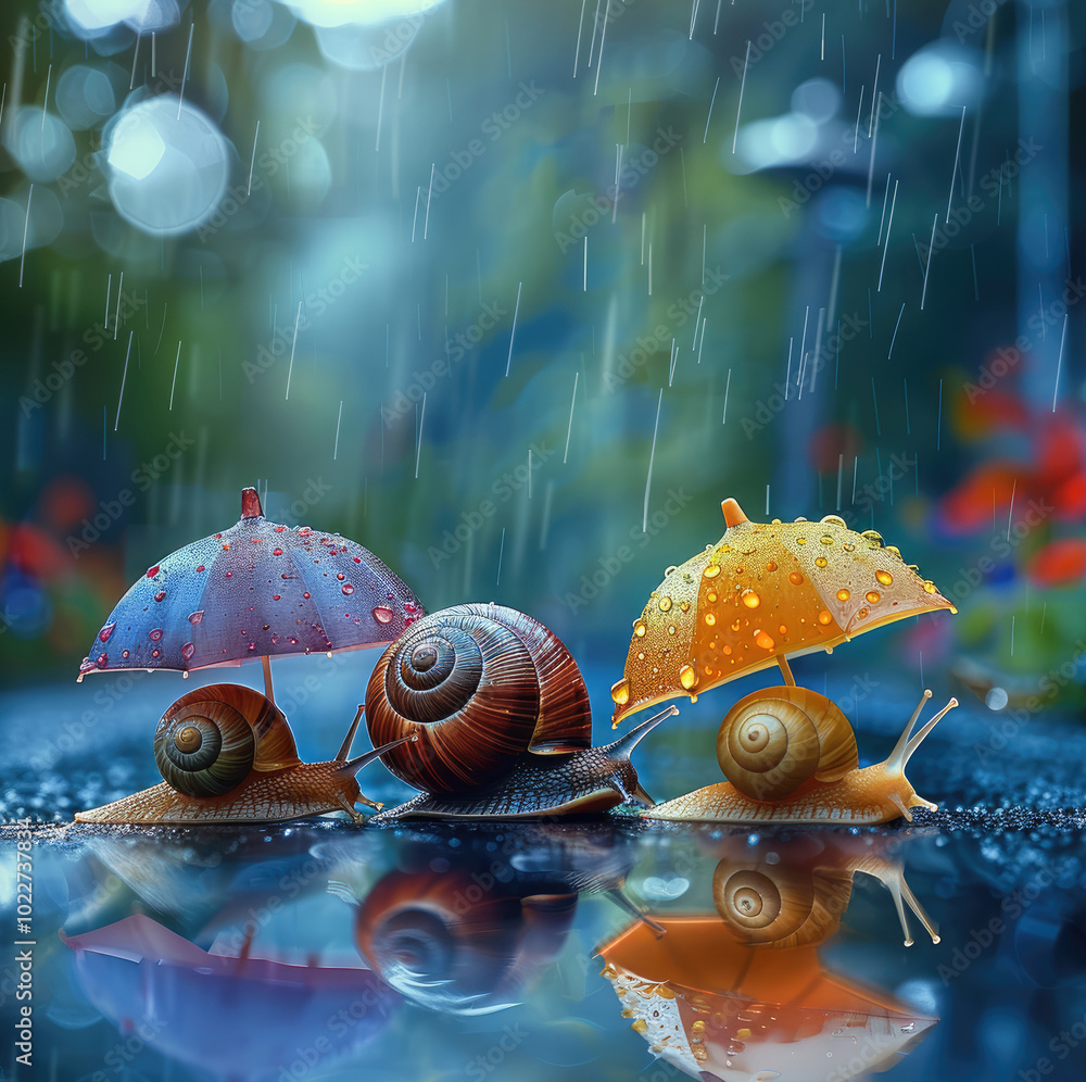 Poster Three snails with colorful umbrellas in the rain.