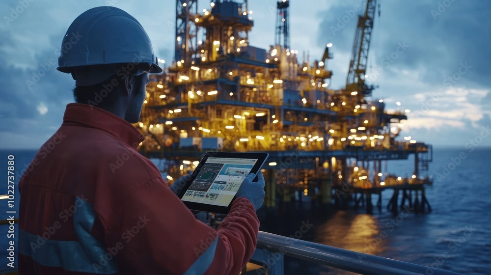 Poster a gas and oil rig controlled by an operator with a tablet interface, highlighting the shift toward r