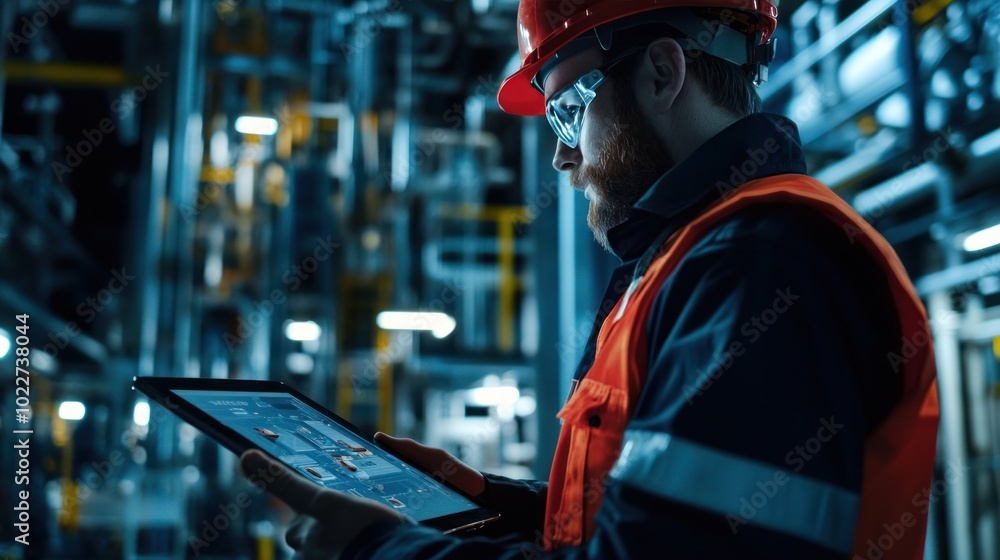 Poster a gas and oil rig controlled by an operator with a tablet interface, highlighting the shift toward r