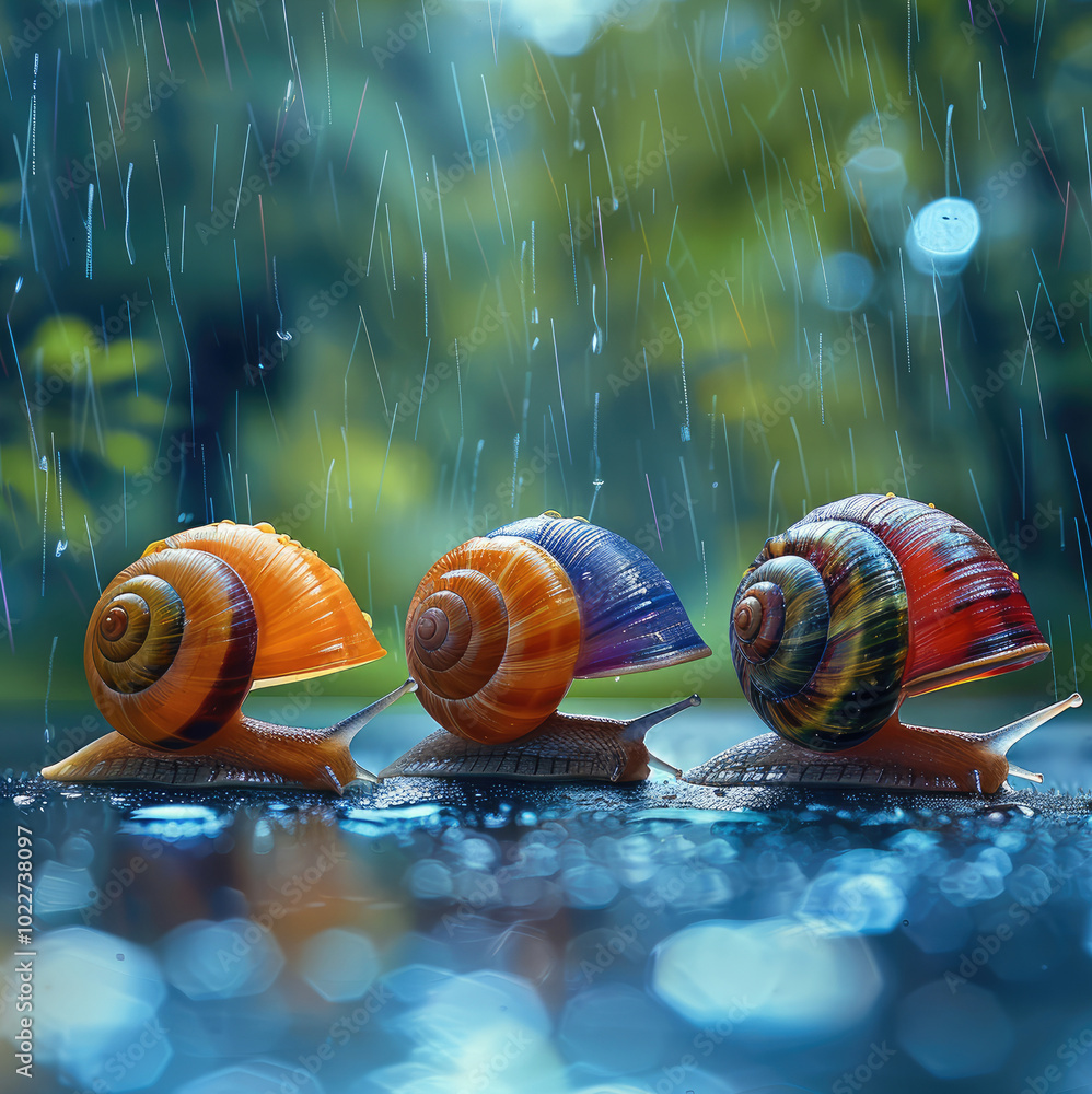 Poster three snails with colorful umbrellas in the rain.