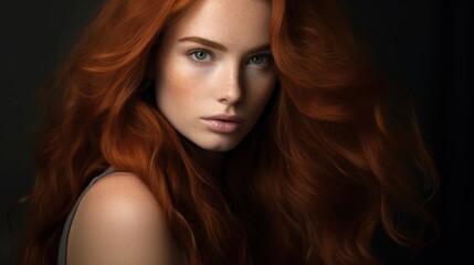 Obraz premium Close-up portrait of a woman with striking red hair cascading in soft waves, her gaze intense and captivating in a dramatic composition.