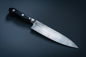 Sharp kitchen knife resting on a dark countertop, highlighting its sleek blade and ergonomic handle during the late evening