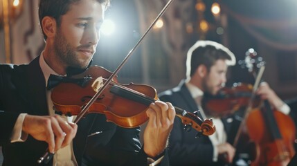 Fototapeta premium A man is playing a violin in front of a spotlight
