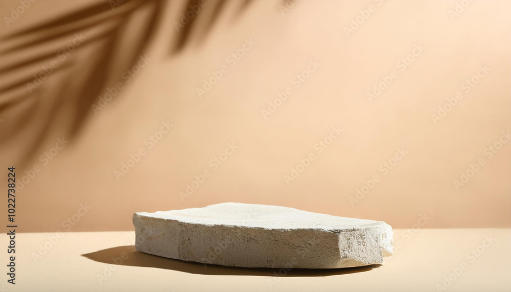 Poster empty product podium. stone display stand centered perfectly on soft beige backdrop featuring striki