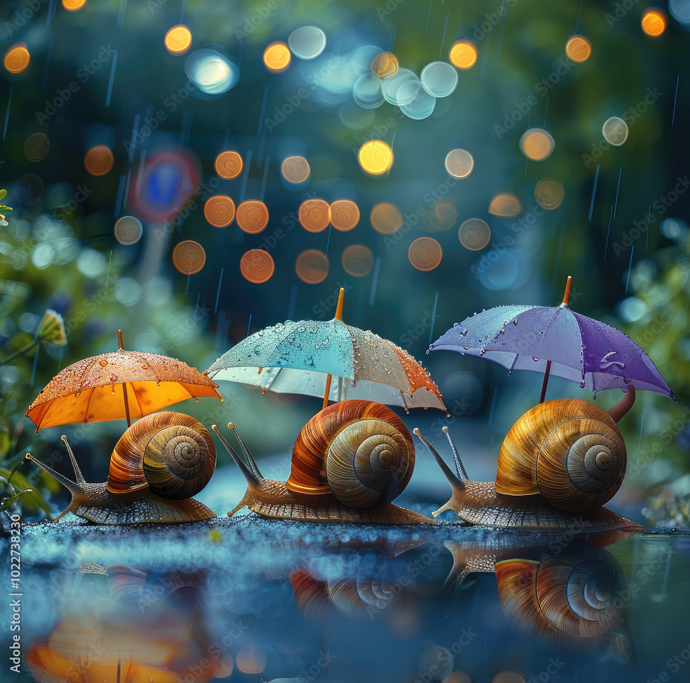 Poster three snails with colorful umbrellas in the rain.