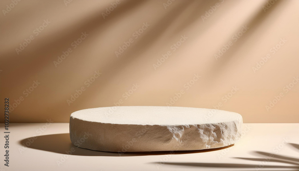 Poster empty product podium. stone display stand centered perfectly on soft beige backdrop featuring striki
