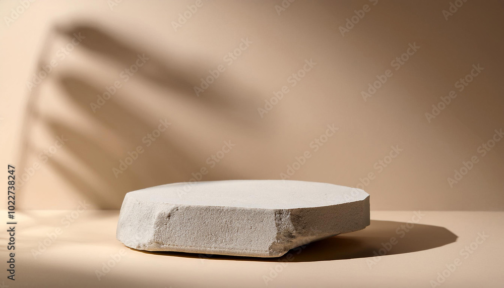 Poster empty product podium. stone display stand centered perfectly on soft beige backdrop featuring striki