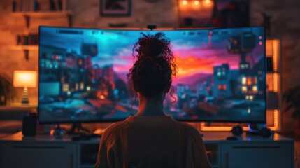 A gamer intensely focused on a large curved gaming monitor, with an immersive game scene displayed on the screen. The setup includes RGB lighting and gaming accessories, enhancing the atmosphere.