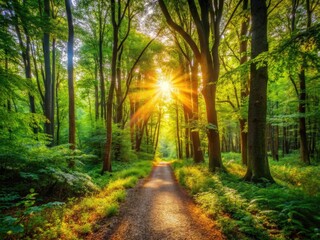 Obraz premium Serene Forest Pathway Surrounded by Lush Greenery and Sunlight Filtering Through the Trees