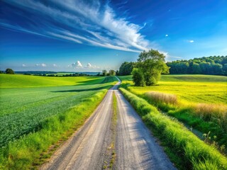 Obraz premium Serene Gravel Road Winding Through Lush Green Fields Under a Clear Blue Sky in Summer Sunshine