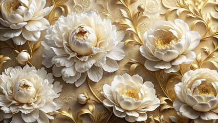 Luxurious Embossed Floral Design with White Peonies and Gold Accents for Elegant Decor