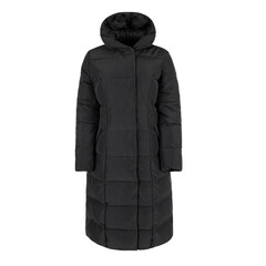 Black long women's winter jacket with hood isolated on white background