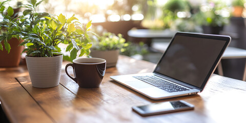 Cozy Freelancer Setup with Laptop and Coffee