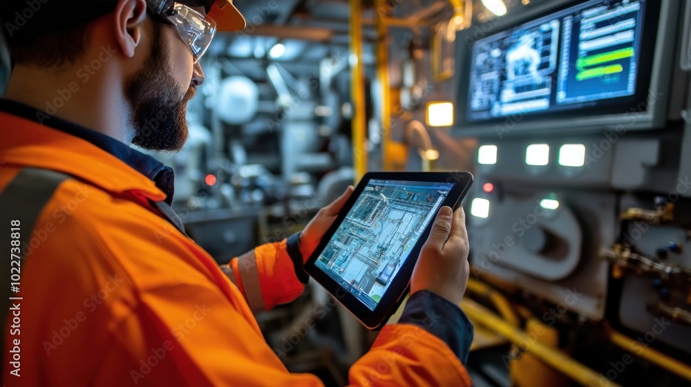 Poster a mobile control system for an oil drilling rig, with an operator using a tablet to manage drilling 