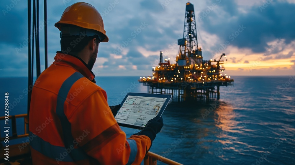 Poster a mobile control system for an oil drilling rig, with an operator using a tablet to manage drilling 