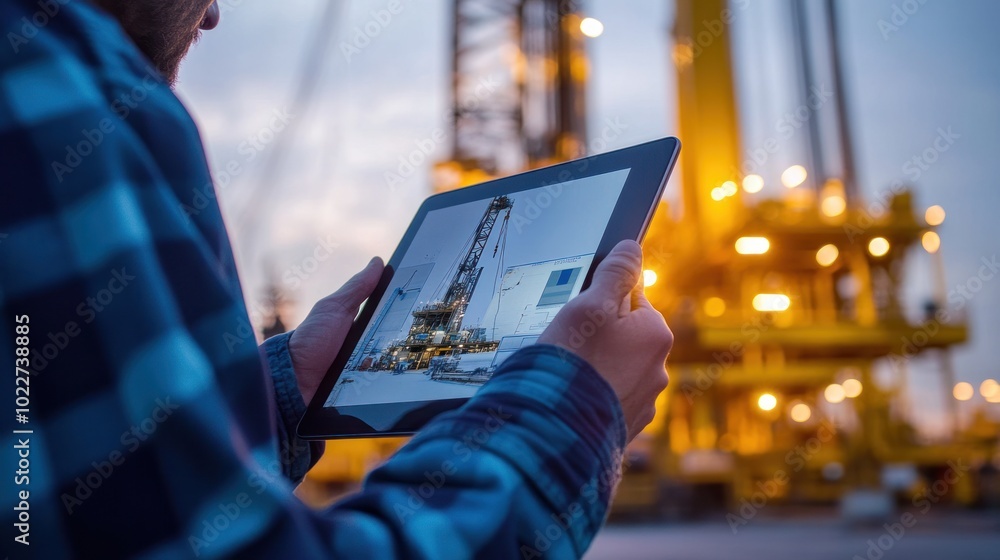 Poster a mobile control system for an oil drilling rig, with an operator using a tablet to manage drilling 