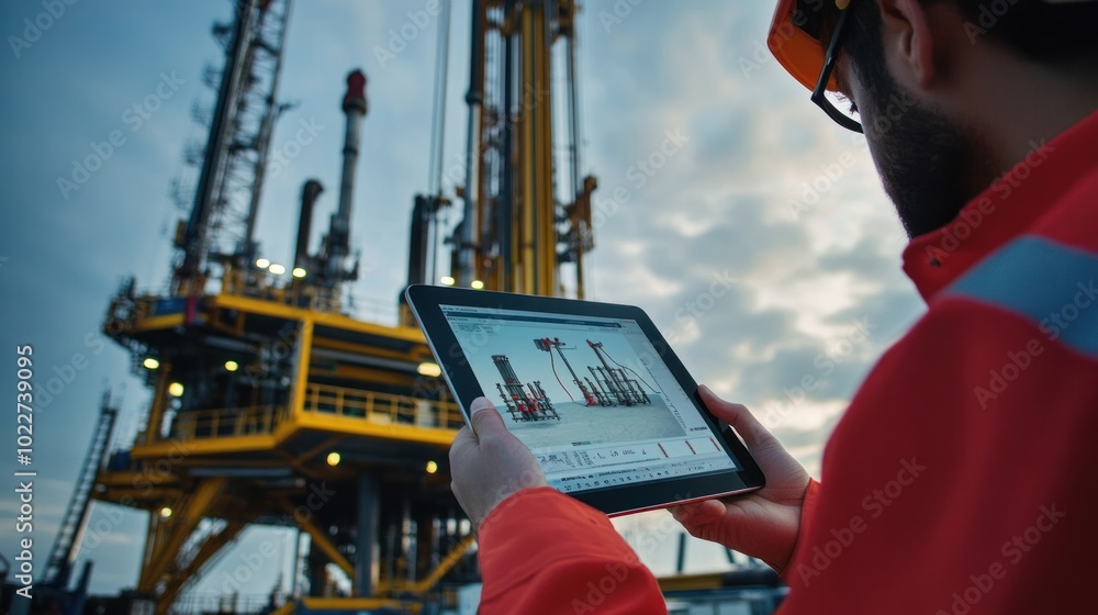 Poster a mobile tablet controlling an automated rig during an oil exploration project, with the operator en