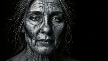 Obraz premium Surreal Concept. Closeup portrait of woman with old ghastly wrinkly wrinkled skin drawn with black chalk ink stain. illuminated with dynamic composition and dramatic lighting. copy text space