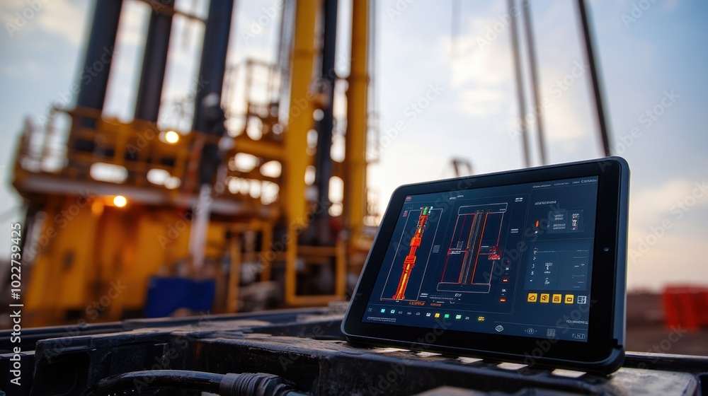 Poster a mobile tablet interface for controlling a gas drilling rig, showcasing the use of advanced technol