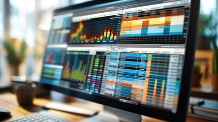 Obraz premium A detailed digital spreadsheet interface displayed on a modern computer screen, The spreadsheet includes organized data cells with neatly formatted row and columns. Several colorful graphs and charts.