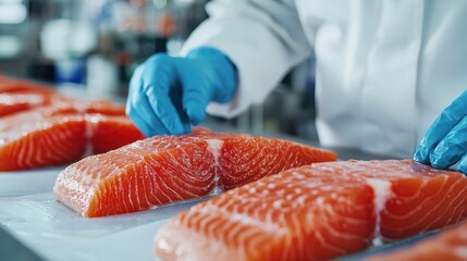 Close-up of Salmon Filets on a Conveyor Belt