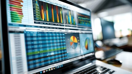 A detailed digital spreadsheet interface displayed on a modern computer screen, The spreadsheet includes organized data cells with neatly formatted row and columns. Several colorful graphs and charts.