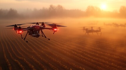 A drone flying over foggy fields at sunrise, capturing agricultural data.
