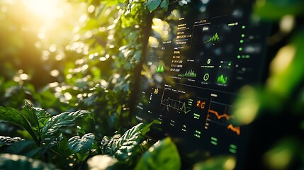 Obraz premium A close-up of a smart garden management control panel, showing detailed graphs and charts of garden conditions, touch-sensitive buttons, digital display with vibrant colors,