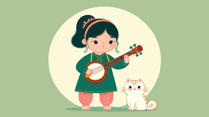 illustration of a little girl playing a Banjo accompanied by a Persian cat