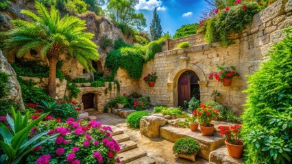 Fototapeta premium Serene Interior of the Garden Tomb Surrounded by Natural Stone and Lush Greenery in Jerusalem
