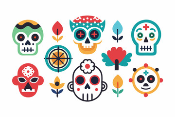 Colorful abstract minimalist dia de los muertos icons featuring skulls and flowers