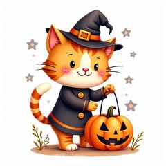 cat with pumpkin isolated halloween illustration in watercolor style. cute character jack-o-lantern