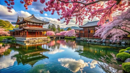 Serene Japanese Landscape Featuring Cherry Blossoms, Traditional Architecture, and Tranquil Waterscape