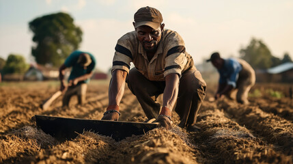 Group of men working in a field using farming tools in an agricultural scene during daytime with blurred trees in the background.
